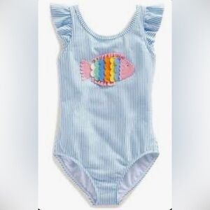 Mini Boden Blue and Pink Striped One-Piece Swimsuit with Rainbow Fish